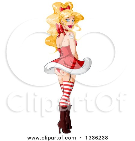 Clipart Christmas Pinup Elf Woman Holding A Gift Royalty Free Vector