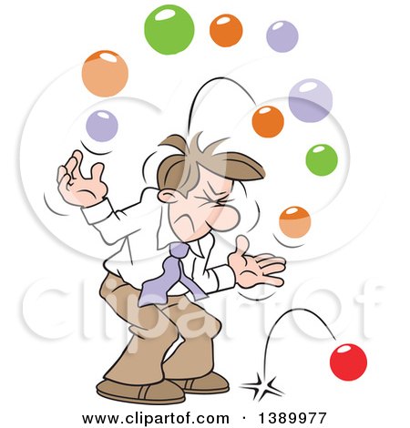 Clipart of a Cartoon Brunette White Business Man with Too Many Balls in