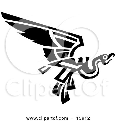 Flying Mayan or Aztec Bird Design in Black and White