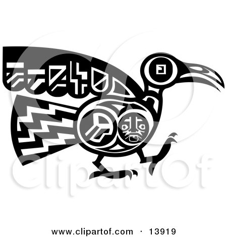 Mayan or Aztec Bird Design in Black and White Clipart Illustration