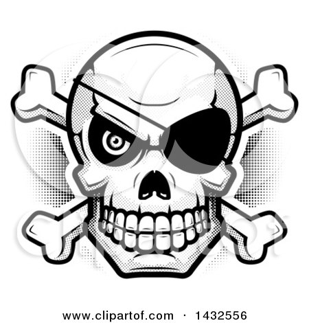 Clipart Of A Halftone Black And White Pirate Skull And Crossbones Royalty Free Vector