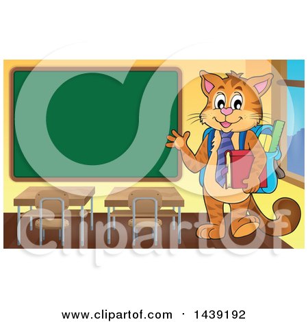 Clipart of a Ginger Cat Student Waving by a Chalkboard ...