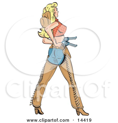Sexy Cowgirl on Sexy Blond Cowgirl In Chaps Drawing Her Pistils Clipart Illustration