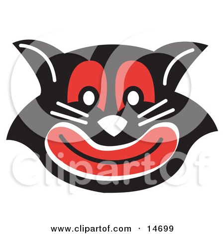  clipart picture of an evil black cat with red eyes and mouth grinning.
