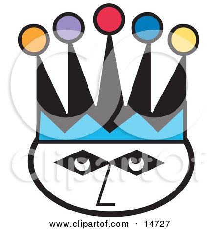 Royalty-free retro clipart picture of a joker's face wearing a colorful 
