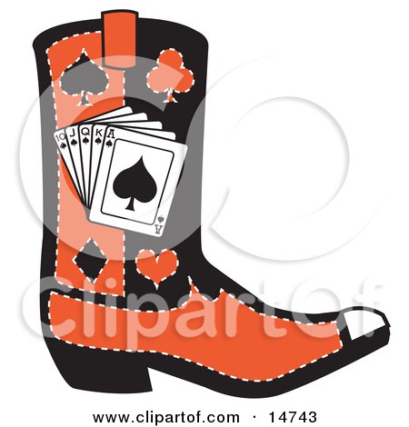 Black And Red Cowboy Boot With Playing Cards And Silhouettes Of A Spade, 
