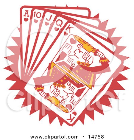 Hand Of Red Playing Cards Including The Ace Of Hearts, 10 Of Hearts, 
