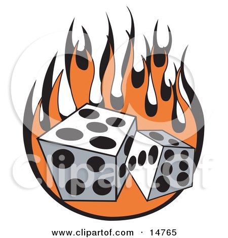  retro clipart picture of a pair of dice rolling over flames at a casino.