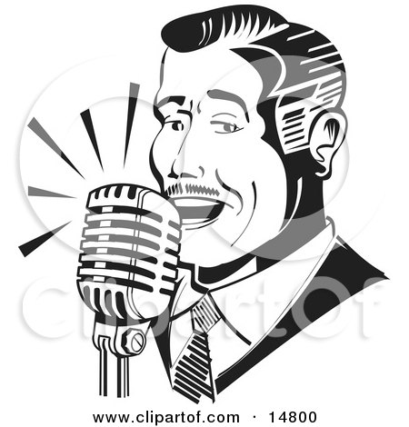  retro clipart picture of a man singing or announcing into a microphone.