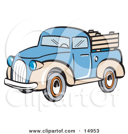Royalty-free retro clipart picture of a blue and tan pickup truck.