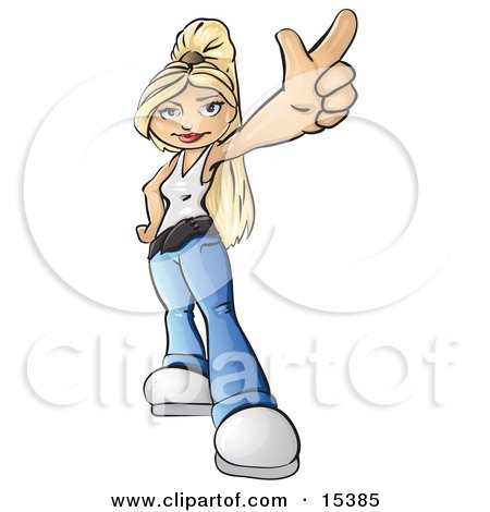 Pretty Blonde Teenage Girl In A White Tank Top And Blue Jeans, With One Hand On Her Hip And Using The Other Hand To Flash A Peace Sign Gesture Clipart Image Picture