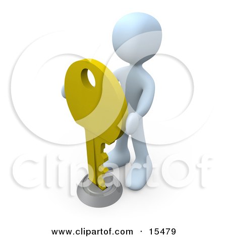 Белый рис Вставка большой золотой ключ в замочную скважину, Symbolising успеха, безопасности или секретности Clipart Изображение Иллюстрация