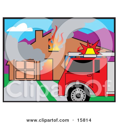 Royalty-free emergency clipart picture of a fire truck in front of a burning 