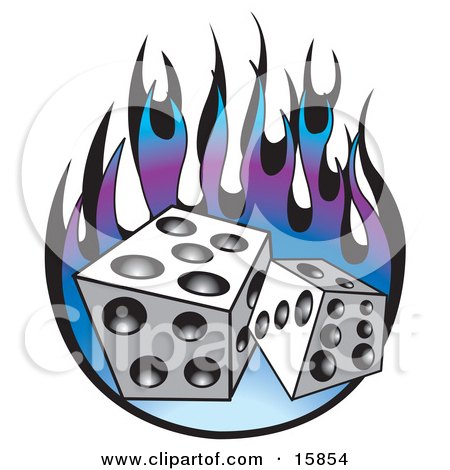 Royalty-free clipart picture of a pair of dice over purple and blue flames.