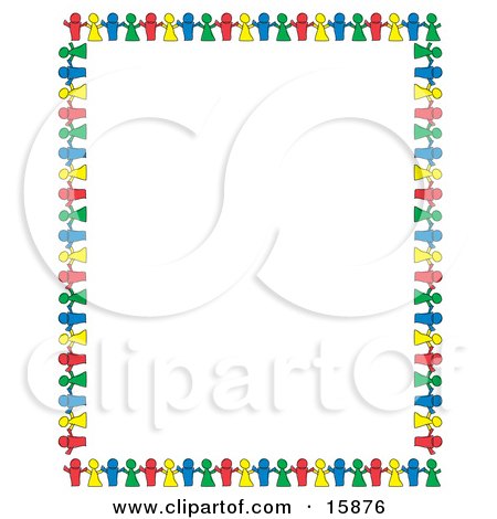  of colorful paper dolls holding hands and bordering a white background.