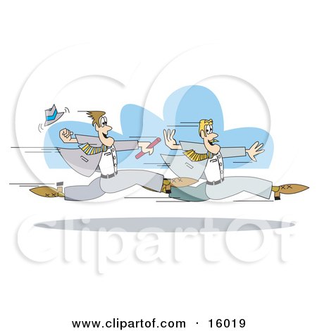 Two Businessmen Running And Passing A Baton During A Relay Race, 