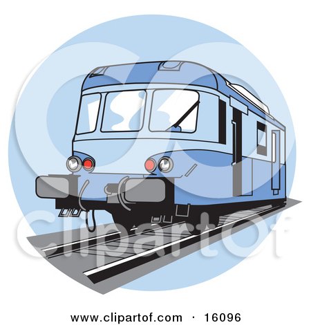 Royalty-free transportation clipart picture of a blue train on tracks.