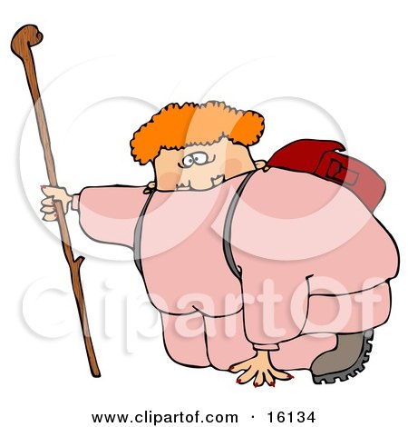 Out Of Shape Chubby Woman In Pink Sweats Carrying A Backpack And Kneeling 