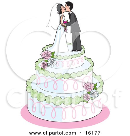 Sweet Bride And Groom Kissing On Top Of A Three Tiered White Wedding Cake 