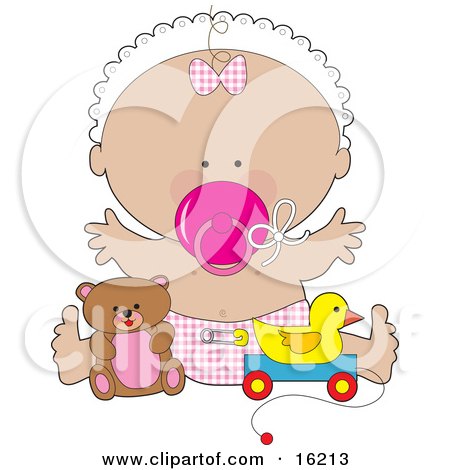 16213-Happy-Baby-Girl-In-A-White-Bonnet-Checkered-Bow-And-Diaper-Sucking-On-A-Pink-Pacifier-And-Holding-Her-Arms-Out-While-Playing-With-Toys-In-A-Nursery-Clipart-Illustration-Image.jpg