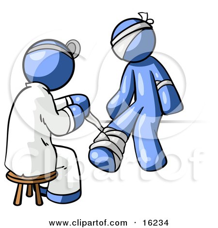 Blue Male Doctor In A Lab Coat Sitting On A Stool And Bandaging A Blue