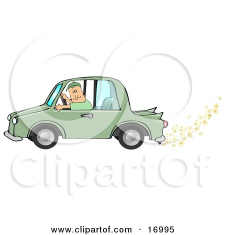  Muffler on Man Driving A Green Car With Popcorn Popping Out Of The Muffler