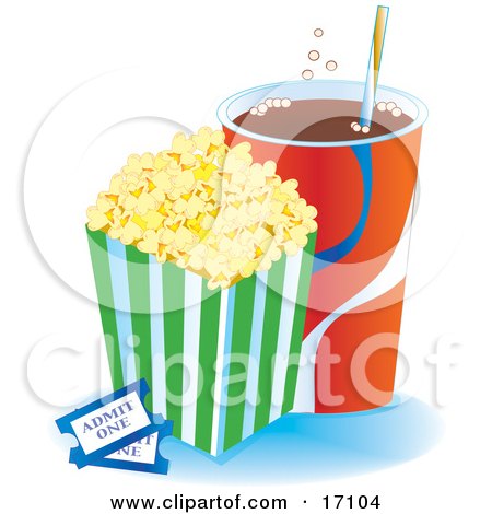 Movie Schedule on Container Of Buttered Popcorn By A Cup Of Fountain Soda And     By