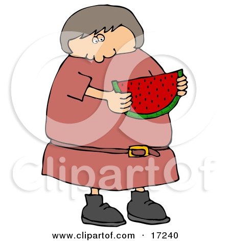 Girls  Dress on Caucasian Girl Or Woman In In Pink Dress Eating A Juicy Red Slice Of