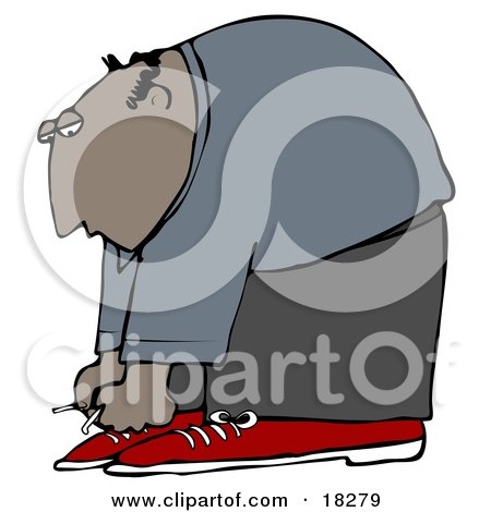 Clipart Illustration of a Bald Hispanic Man Bending Over to Tie His Shoe