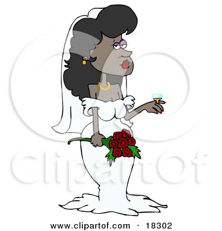 Clipart Illustration of a Pretty Black Bride Holding A Bouquet Of Red Roses