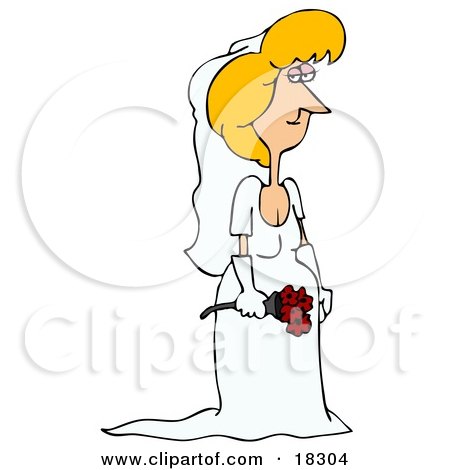 Pretty White Bride With Blond Hair Holding A Bouquet Of Red Roses And Posing