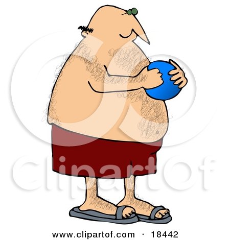 Hairy Chubby White Man In Red Swimming Trunks Holding A Blue Ball And 