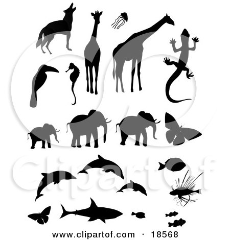 Clipart Illustration of a Collection of Animal Silhouettes Including a Wolf