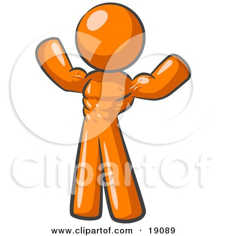 Clipart Illustration of an Orange Bodybuilder Man Flexing His Muscles And 
