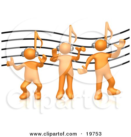 Clipart Graphic of a Group of Three Orange People With Music Note Heads