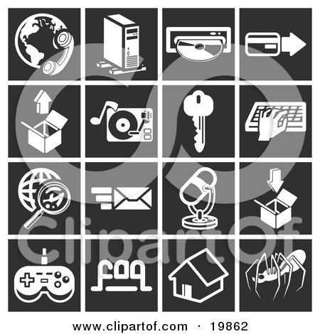 black and white game icon. Royalty-free clipart picture of a collection of white icons over a black 
