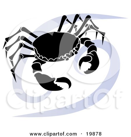  a silhouetted crab over a blue Cancer astrological sign of the zodiac.