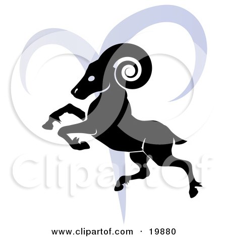  of a silhouetted ram over a blue Aries astrological sign of the zodiac.