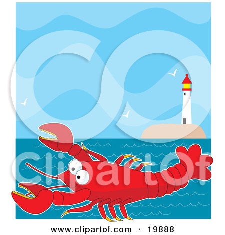  big, red lobster cartoon character swimming in the sea near a lighthouse 