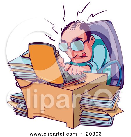20393-Clipart-Illustration-Of-A-Stressed-And-Overwhelmed-Businessman-Typing-Away-On-His-Laptop-At-His-Desk-Surrounded-By-Stacks-Of-Files.jpg