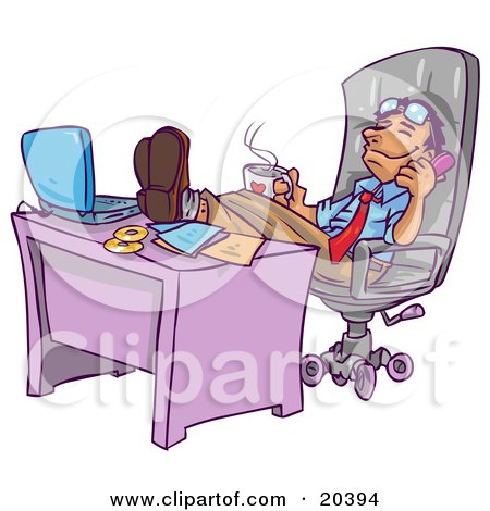 Clipart Illustration of a Relaxed Businessman Leaning Back In His Chair With His Feet Up By His Laptop Computer On His Desk, Holding A Cup Of Hot Coffee And Chatting On The Phone