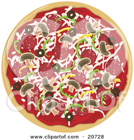 Clipart Illustration of a Whole Round Pepperoni, Mushroom, Bell Pepper, 