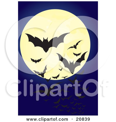 Clipart Illustration of Swarming Flying Vampire Bats Silhouetted Against A 