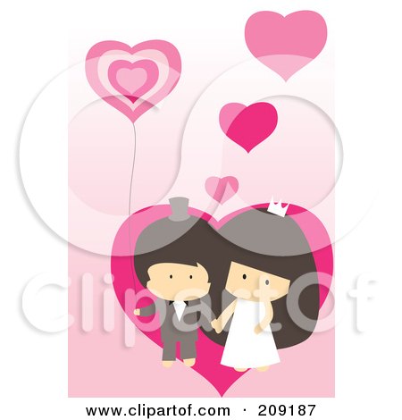Cute Wedding Couple With Pink Hearts And A Balloon