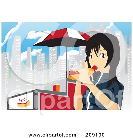 Royalty-free clipart picture of an asian girl eating a hot dog by a cart in 