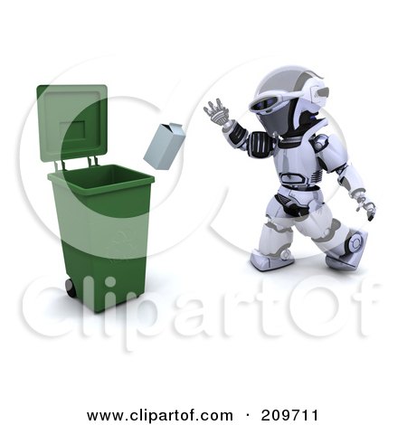 3d Silver Robot Tossing A Carton Into A Recycle Bin Posters Art Prints