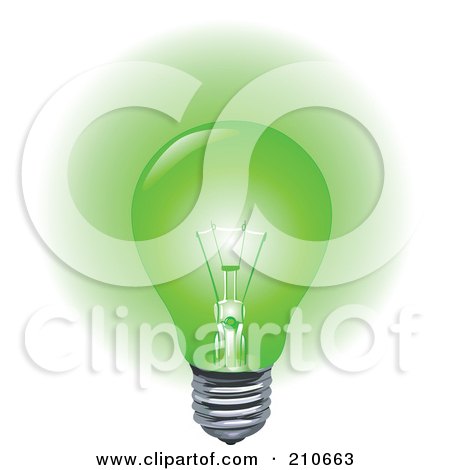 Royalty-free clipart picture of a green light bulb aglow, 