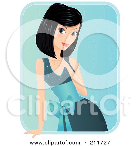 Black Haired Woman In A Teal Dress Leaning And Touching Her Hair by