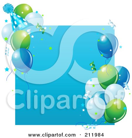 Royalty-free clipart picture of a blue birthday party sign with balloons, 