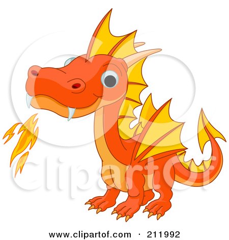 Royalty-free clipart picture of a cute orange baby dragon breathing fire, 